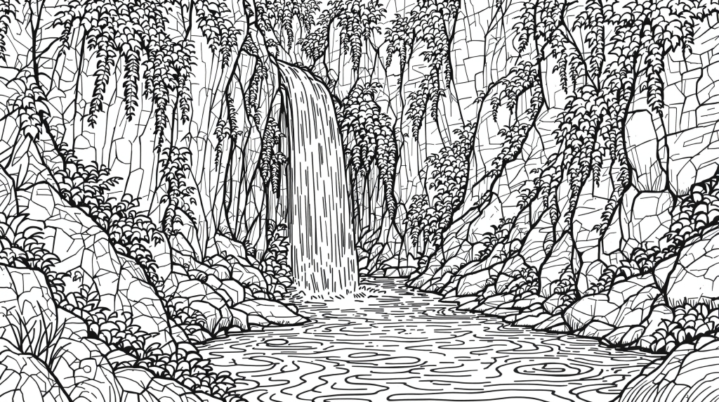 山の滝の塗り絵ページ - 複雑な岩の造形と繊細な自然のディテールが楽しめる大人のマインドフルな塗り絵