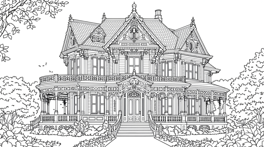 ヴィクトリア様式の邸宅 塗り絵 - 精巧な建築ディテールと装飾が楽しめる大人の塗り絵