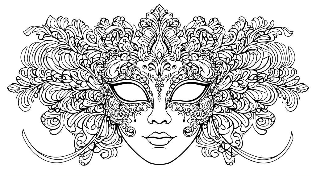 En elegant venetiansk karnevalmask som målarblad med intrikata barockmönster och fina fjäderdetaljer för vuxna.