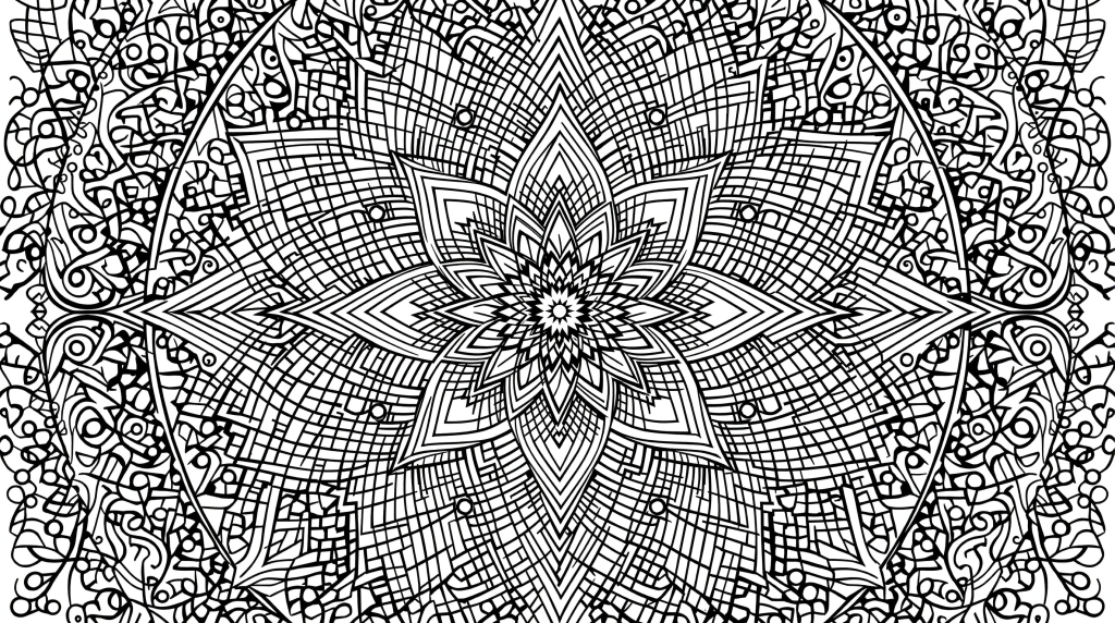 繊細なゼンタングル風マンダラ塗り絵 - 流れるような有機的パターンと幾何学模様が織りなす同心円デザイン