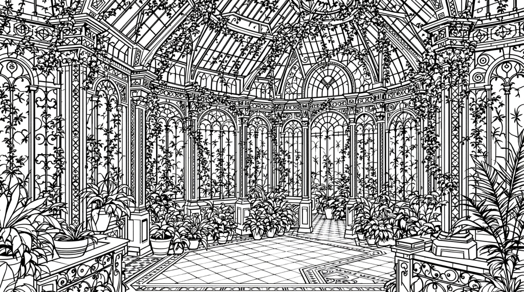 ヴィクトリアン様式の温室の大人向け塗り絵 - 精巧な錬鉄装飾と植物モチーフの緻密なデザイン