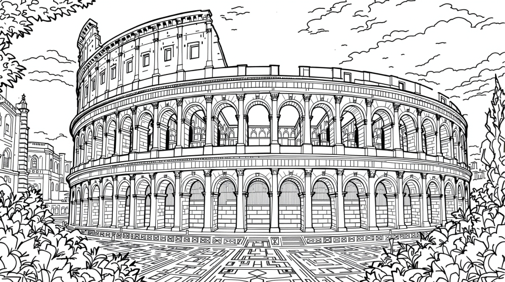 古代ローマ建築の精巧なディテールを楽しむコロッセオの塗り絵 - 装飾的な石造り細工と複雑な模様が美しい大人向けぬりえ