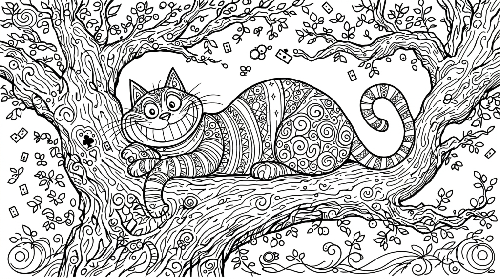 チェシャ猫の大人の塗り絵 - ヴィクトリア調の繊細な模様と隠し要素が楽しめる上級者向けコロリアージュ