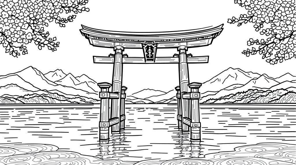 水面に佇む日本の鳥居の塗り絵 - 桜と山々を配した精緻なデザイン