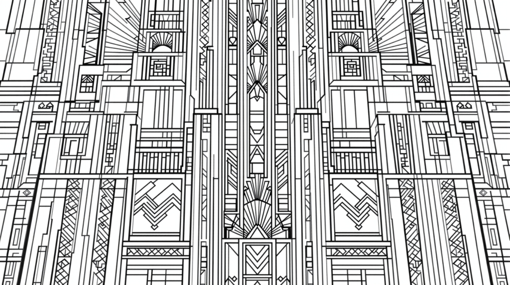 An elegant Art Deco skyscraper coloring page showcases intricate geometric patterns and stylized sunburst designs for sophisticated adult coloring