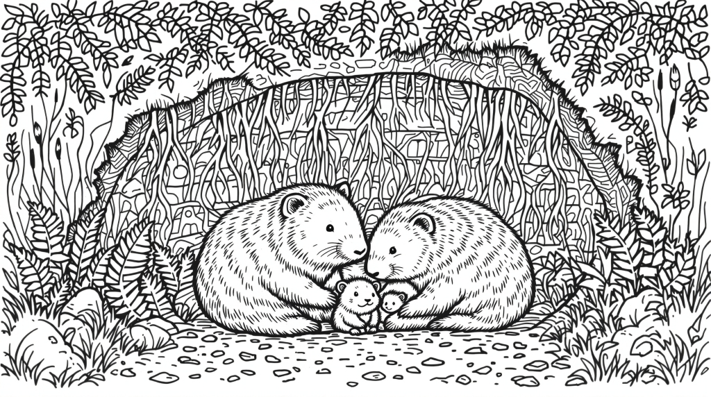 ウォンバット家族の地下巣穴を描いた大人の塗り絵 - オーストラリアの自然を緻密に表現した心温まるシーン