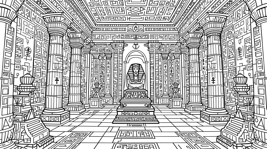 古代エジプト王墓の内部を描いた緻密な大人の塗り絵 - ファラオの石棺とヒエログリフの壁画