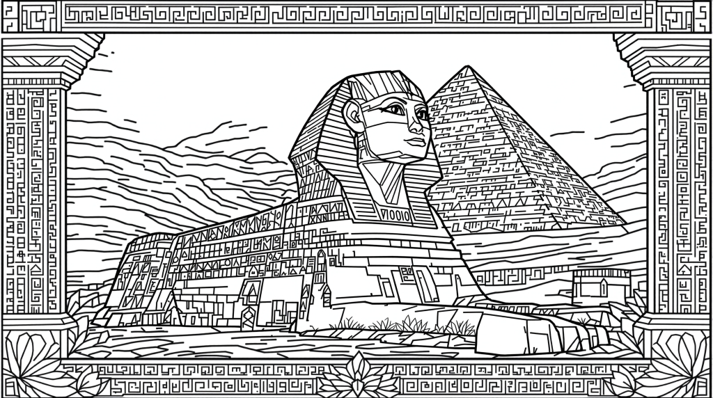 古代ヒエログリフと砂漠の風景が描かれた緻密なエジプトのスフィンクス塗り絵 - 大人のマインドフルぬりえ