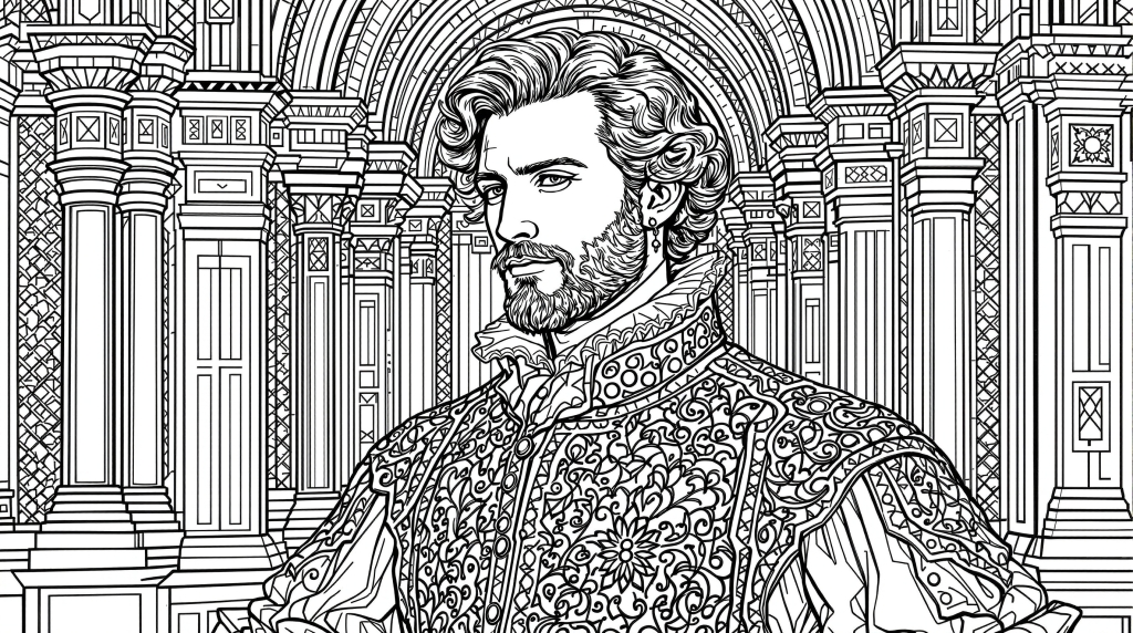 ルネサンス紳士の大人の塗り絵 - 精巧な衣装と建築装飾が魅力の本格派デザイン