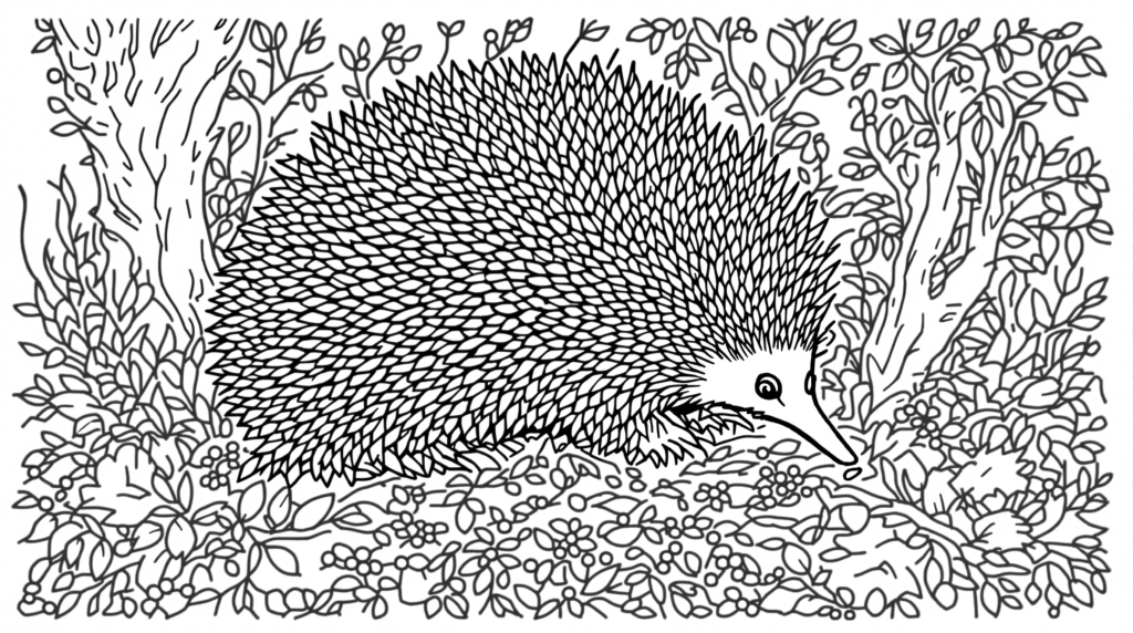 オーストラリアの野生動物ハリモグラと繊細なネイティブ植物の大人の塗り絵