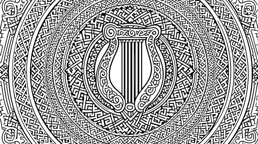 ケルト模様のハープを中心に伝統的なアイルランドのシンボルと精巧な組紐模様が美しいケルティック・マンダラ塗り絵