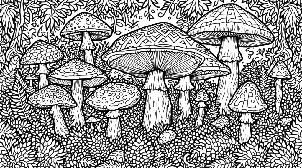 森の中のキノコ塗り絵 - 幾何学模様が美しい大人向けの精密な森林デザイン