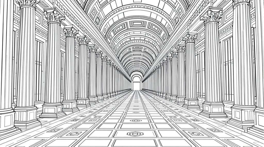 アテナイの学堂の壮麗な列柱廊を描いた建築塗り絵 - コリント式円柱とアーチが織りなす緻密なデザイン