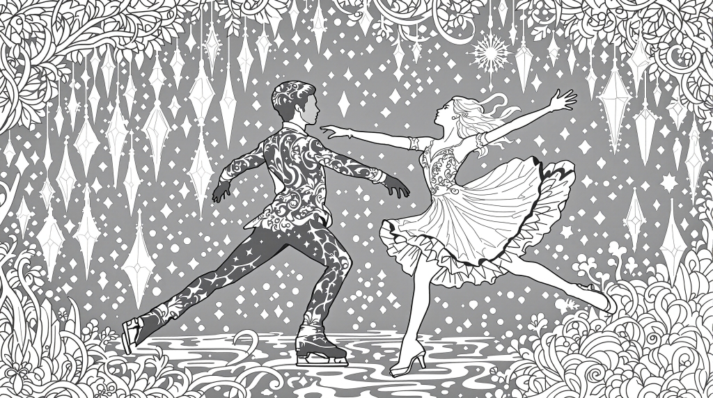 優雅なフィギュアスケートペアの演技を描いたバロック風模様の大人の塗り絵