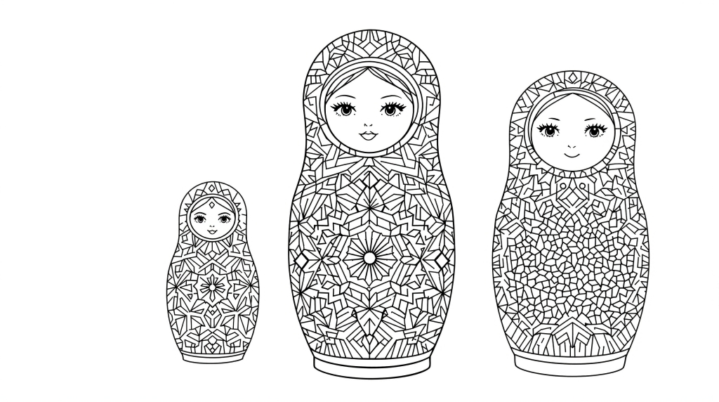 幾何学模様のロシアン・マトリョーシカ塗り絵 - アールデコ風とテクノロジーデザインの融合