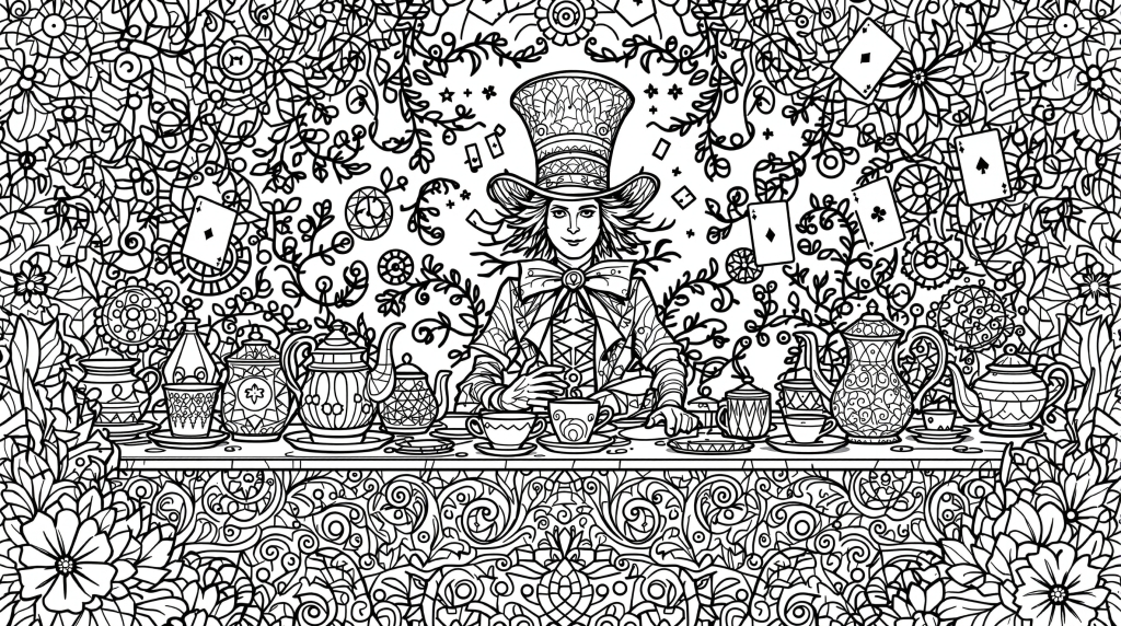 マッドハッター・ティーパーティの塗り絵｜ヴィクトリアン様式の緻密なデザインで大人の塗り絵を楽しむ