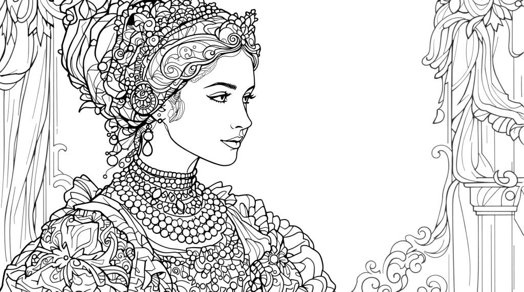 ルネサンス貴婦人の塗り絵 - 豪華な頭飾り、真珠、ドレスの精密なデザインが楽しめる大人向けぬりえページ