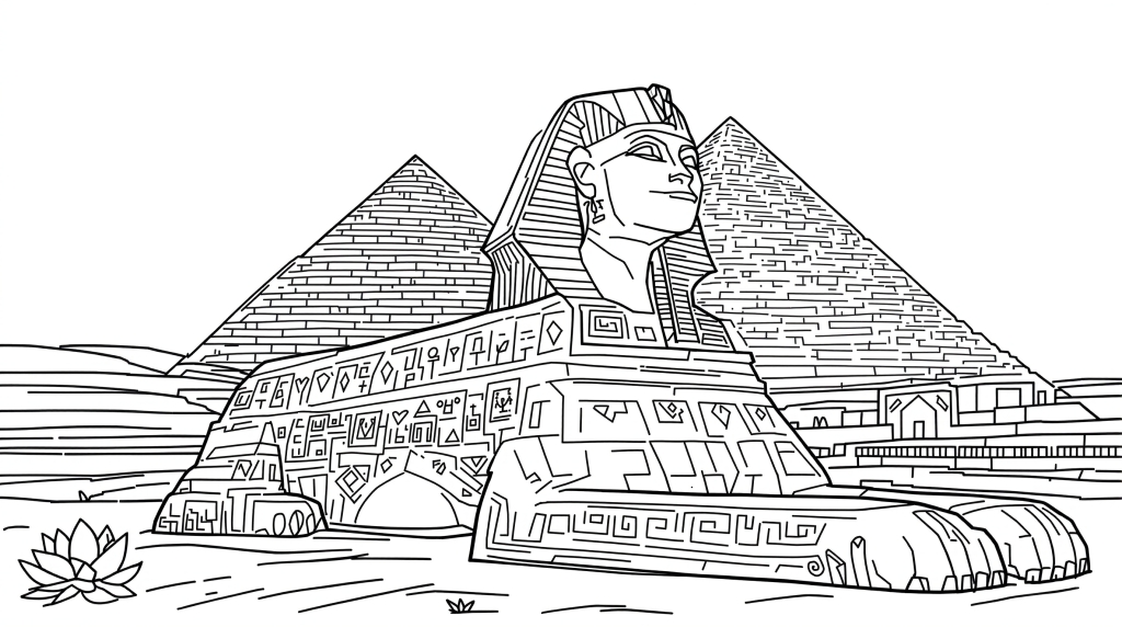ギザの大スフィンクス塗り絵 - ヒエログリフとエジプト文様が描かれた大人向け詳細デザイン