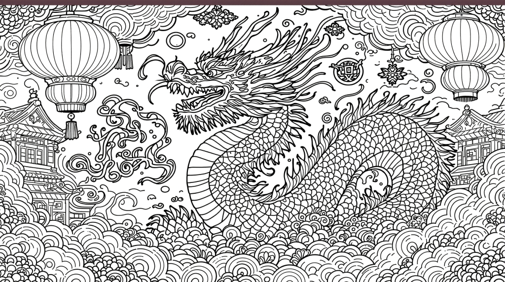 中国の龍舞いを描いた大人の塗り絵 | 繊細な模様と伝統的な要素が詰まった本格的なぬりえページ