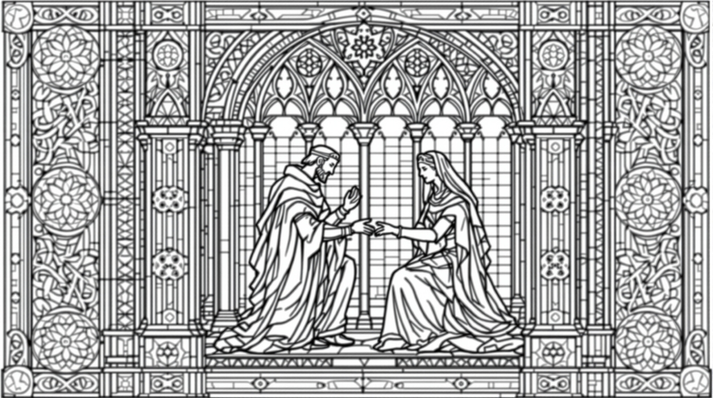 Medeltida glasmålning att färglägga med Sir Lancelot och drottning Guinevere i gotisk stil, med detaljrika keltiska mönster och arkitektoniska detaljer