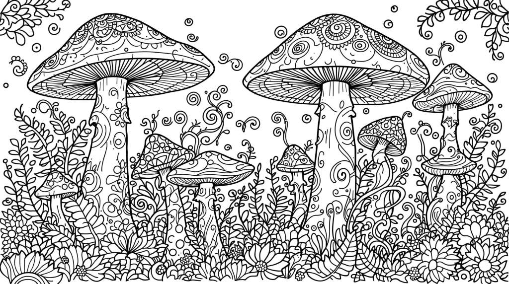 魔法のきのこ園の塗り絵 - 繊細なゼンタングル模様と幻想的なキノコの大人向け塗り絵ページ