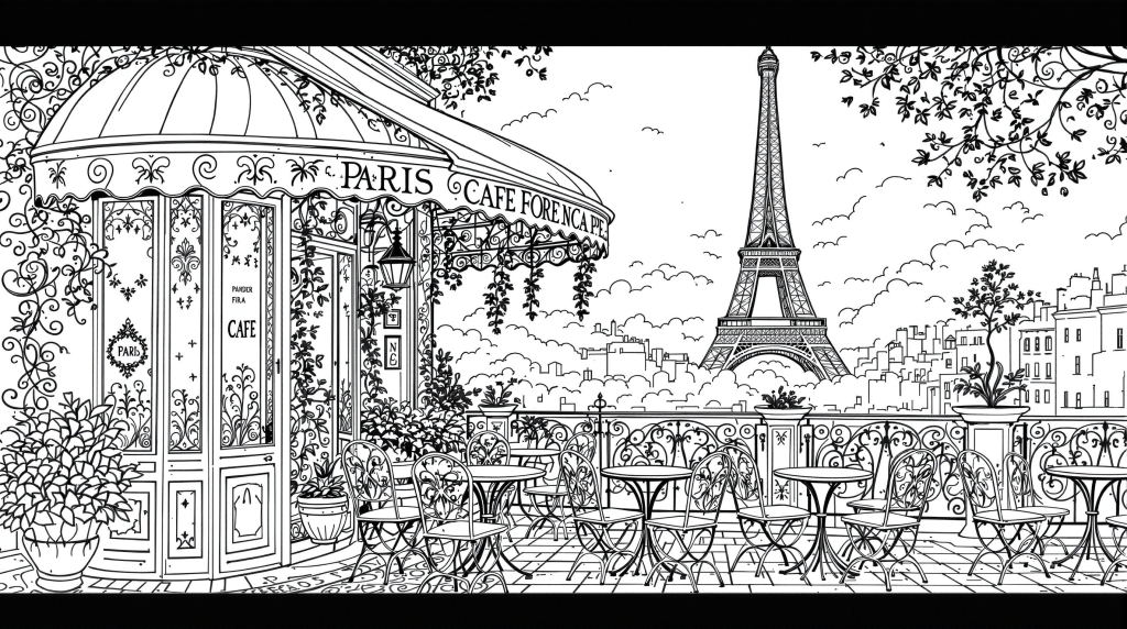 エッフェル塔を背景にした、アールヌーヴォー様式の優雅なパリのカフェ - 大人の塗り絵