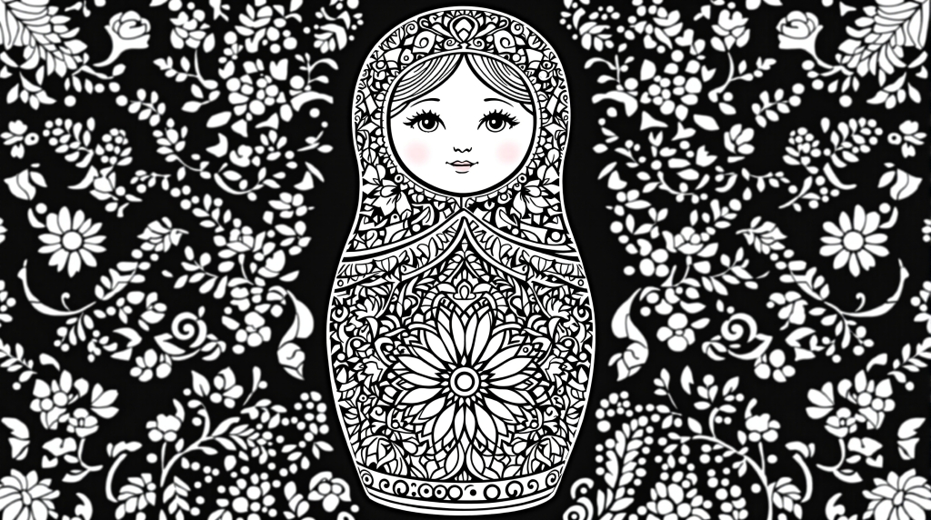 伝統的なロシア民芸柄と繊細な花模様が美しいマトリョーシカの大人の塗り絵