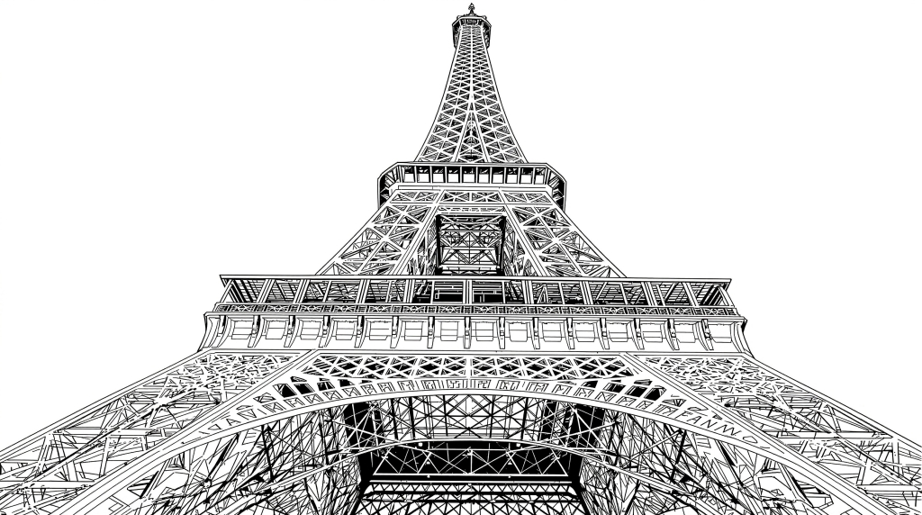 エッフェル塔の精巧な大人の塗り絵 - 迫力ある下からのアングルと建築ディテールを楽しむ