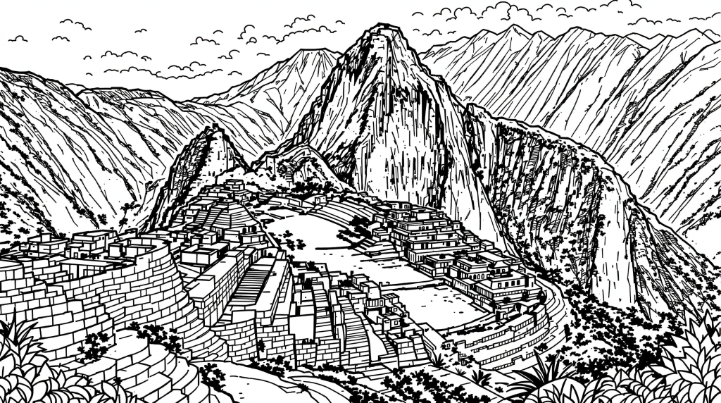 マチュピチュの塗り絵 - 古代インカ帝国の精密な建築と石造りの段々畑を描いた大人向け塗り絵