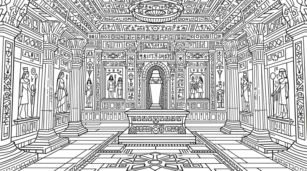 精密なエジプト墓室の塗り絵 - ヒエログリフと石棺が美しい大人向けぬりえ