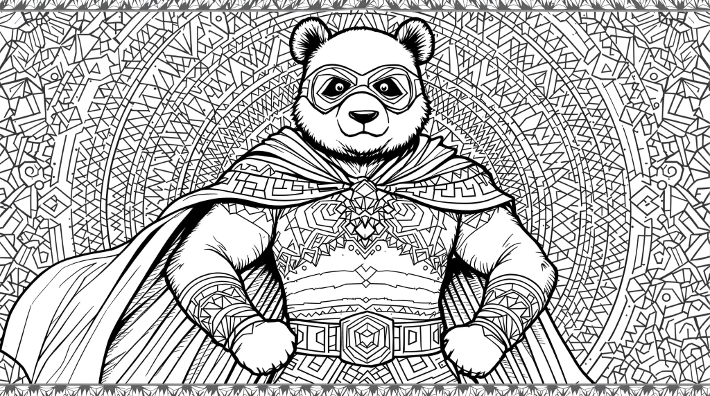 スーパーヒーロー パンダの塗り絵 - 幾何学模様とマンダラ風デザインが美しい大人の塗り絵