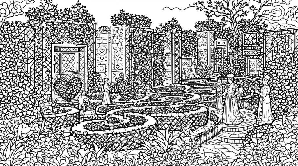 ハートの女王の庭園塗り絵 - トランプ兵士とハート型のバラが美しいヴィクトリア朝風ガーデン