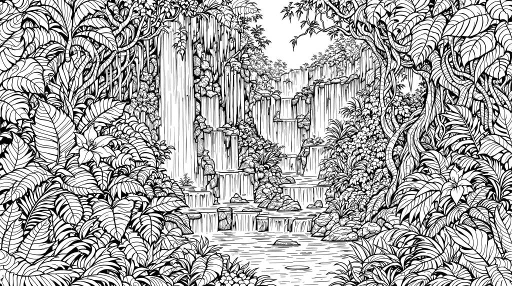En fascinerande tropisk vattenfall-målarbok med detaljerade djungeldetaljer och flödande vattenmönster för vuxna