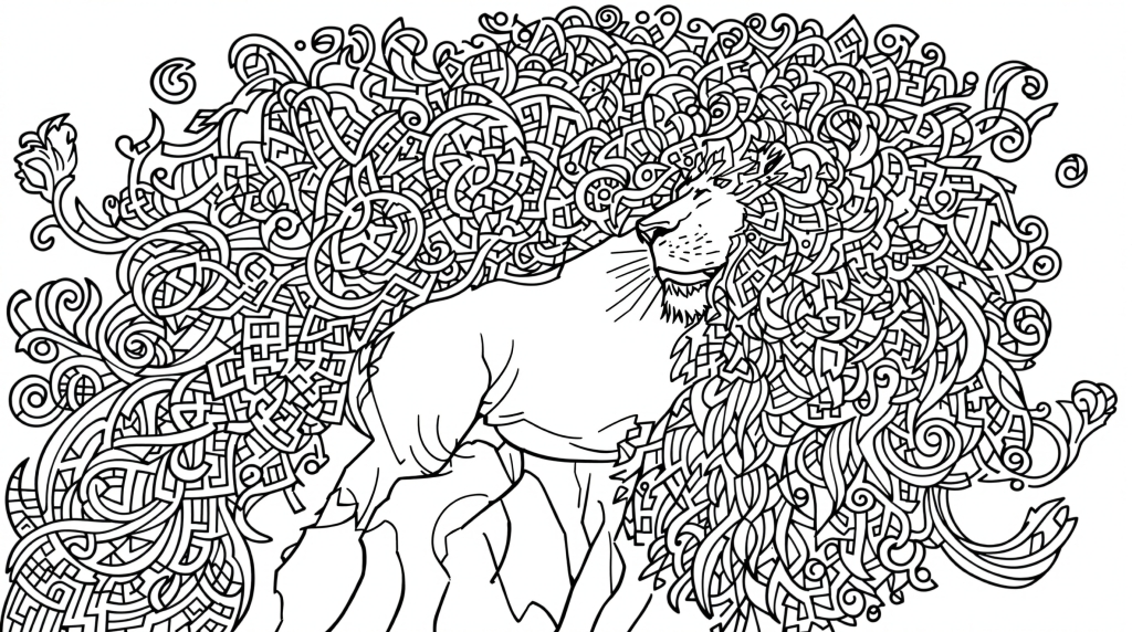 ケルト模様が美しいライオンの塗り絵 - 繊細な装飾が施されたたてがみと毛並みのディテール | 大人向け上級者コロリアージュ