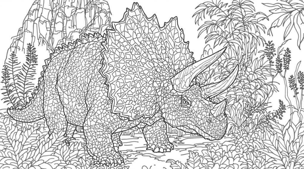 Detaljeret Triceratops farveside med intrikate Kridttids-landskaber og komplekse botaniske mønstre til voksne farvelæggere