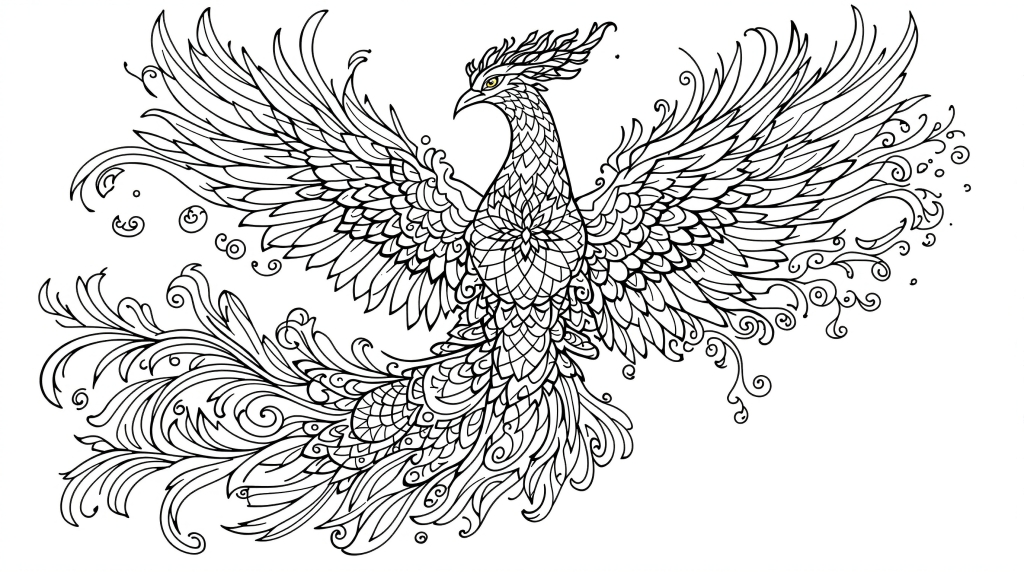 不死鳥の塗り絵 - 大人向け曼荼羅風デザインの緻密な羽根模様が美しいフェニックスぬりえ