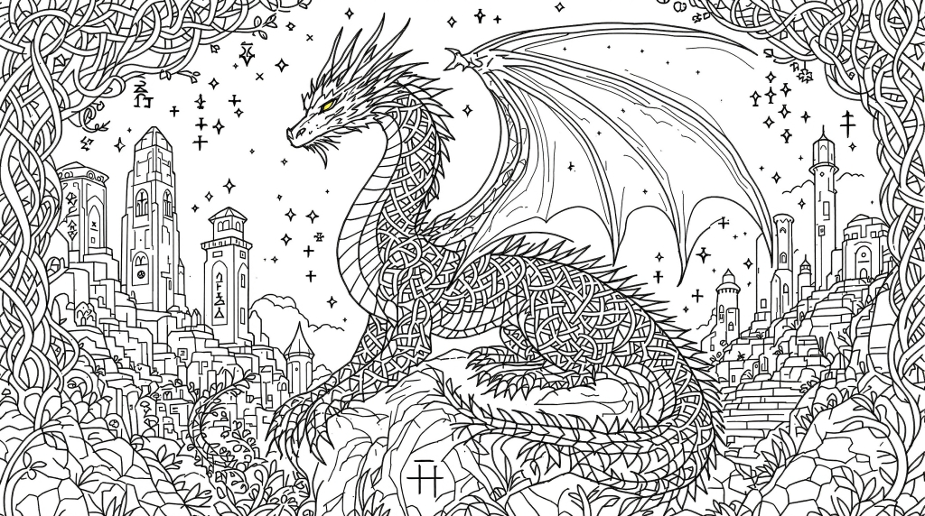 幾何学模様とケルト文様が美しい神秘的なドラゴンの塗り絵【大人向け】