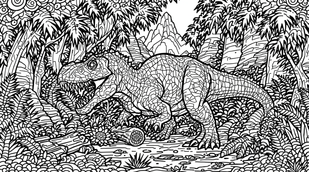 Farvelægningsside for voksne med en frygtindgydende T-Rex på jagt i et detaljeret forhistorisk landskab med mønstre og teksturer