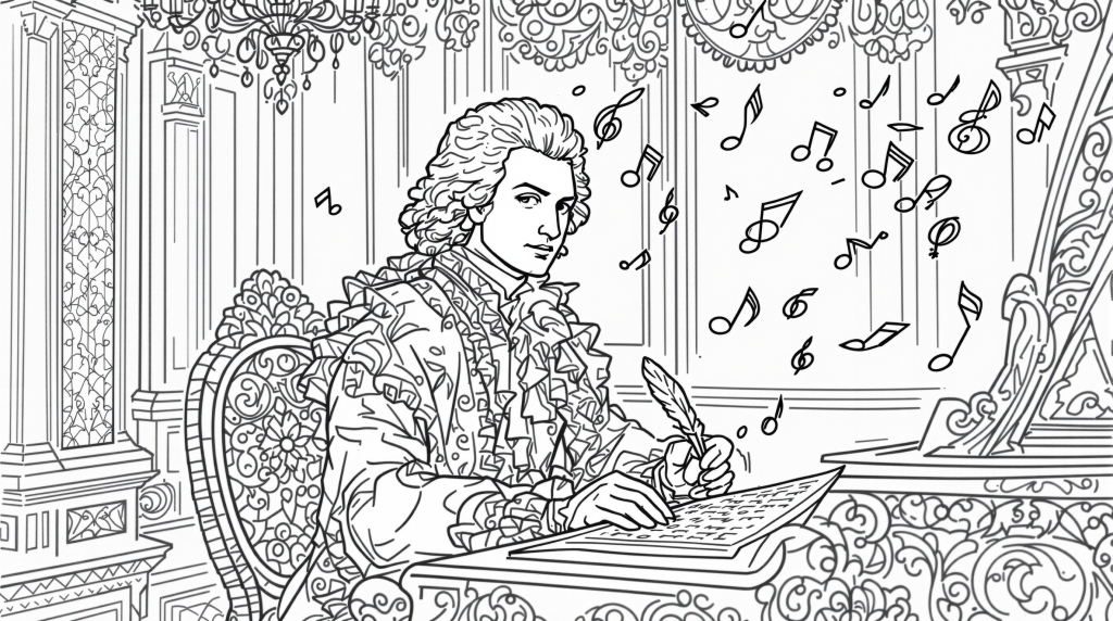 En elegant Mozart-farveside, der viser komponisten ved et udsmykket skrivebord i et barokt interiør.