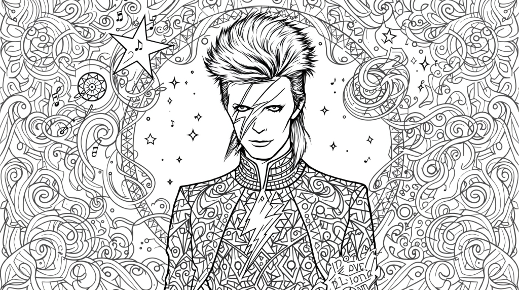 En detaljeret David Bowie Ziggy Stardust farvelægningsside for voksne med indviklede glam rock-mønstre og kosmiske Art Nouveau-designs.