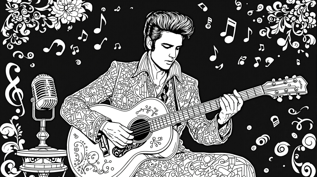 En detaljeret Elvis Presley farveside, der viser Rock and Roll-kongen i hans ikoniske 1950'er-pose med udsmykkede dekorative elementer.