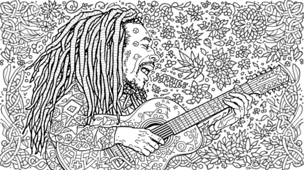 En detaljeret Bob Marley farvelægningsside med indviklede dreadlocks, akustisk guitar og dekorative mandala-mønstre i en udsmykket blomsterramme.