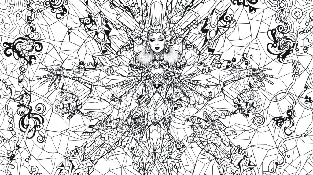 En sofistikeret Lady Gaga farvelægningsside viser indviklede geometriske mønstre og avantgarde modedesignelementer.