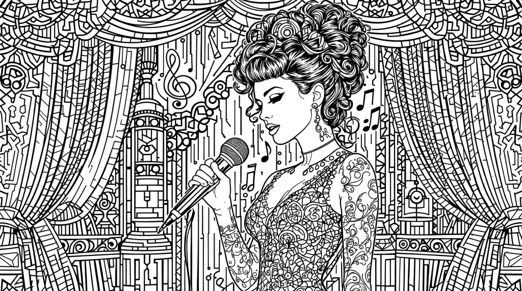 En sofistikeret Amy Winehouse portræt farveside med hendes ikoniske bikube-frisure og vintage jazzklubbens atmosfære.