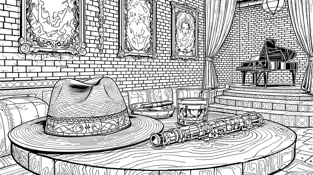 フルートとウイスキーグラスが描かれた大人の塗り絵 - ジャズクラブの洗練された室内風景とフェドラハット