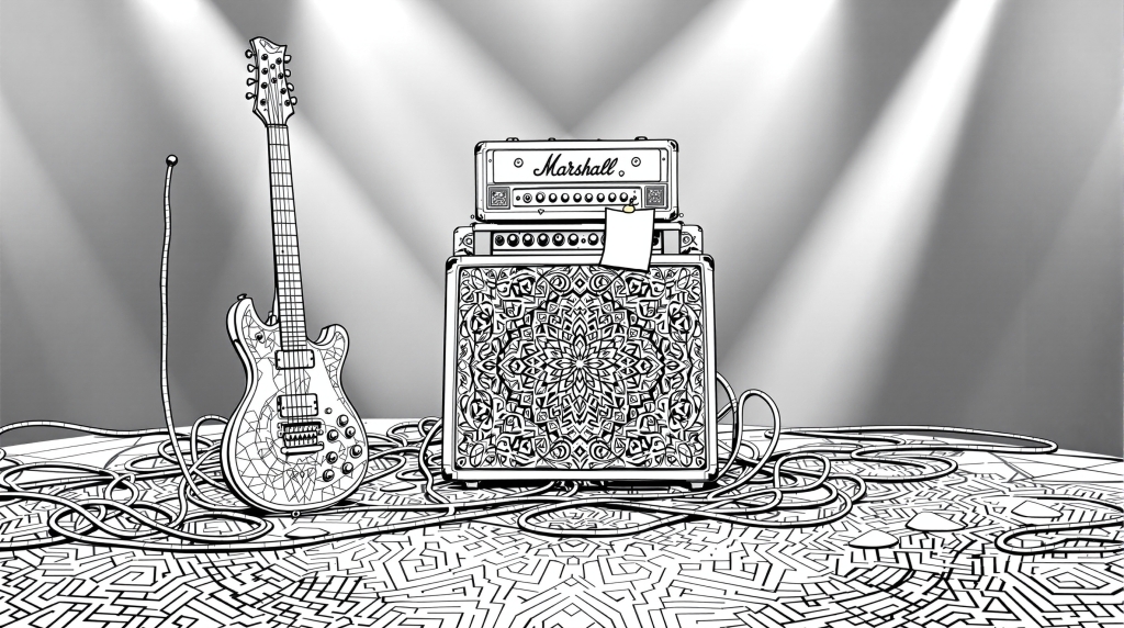 En intrikat elektrisk guitar sceneopstilling farveside med detaljerede Marshall-forstærkere og geometriske mønstre perfekt til voksenfarvning.