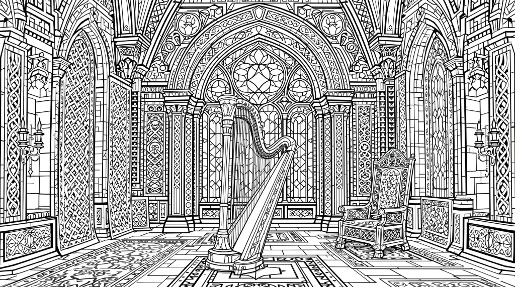 ケルトハープと中世の城ホールの塗り絵 - ゴシック建築と繊細な石造装飾が美しい大人の塗り絵