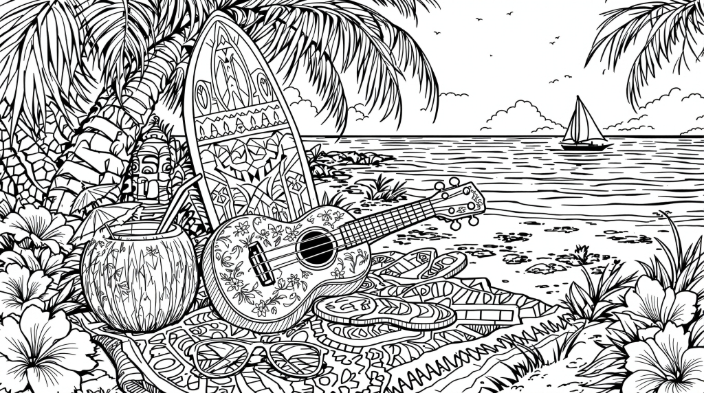 ウクレレとティキ模様が魅力的なトロピカルビーチの大人の塗り絵 - ヤシの木と細密なデザイン