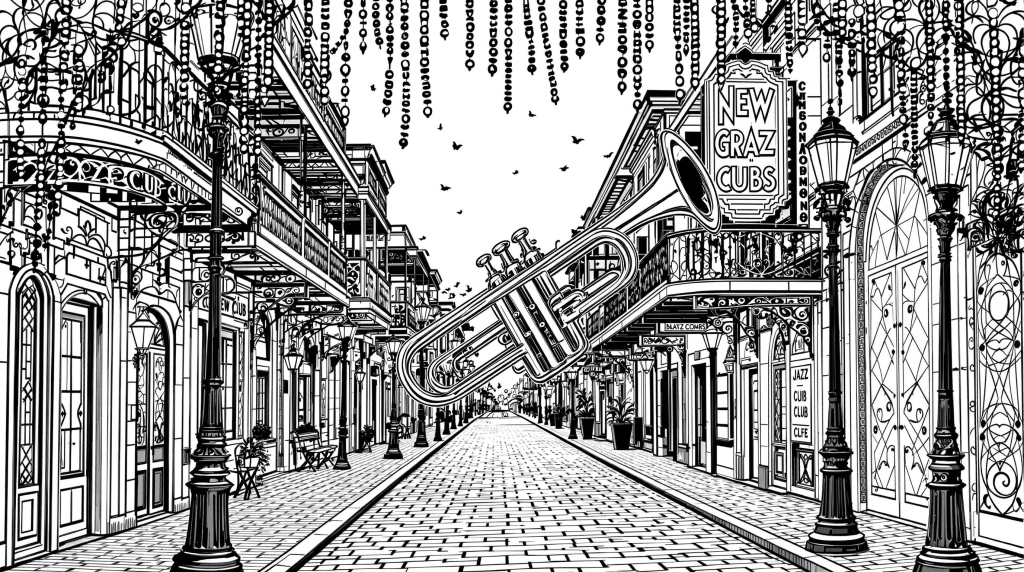 ニューオーリンズのジャズストリート - トランペットと街並みの大人の塗り絵