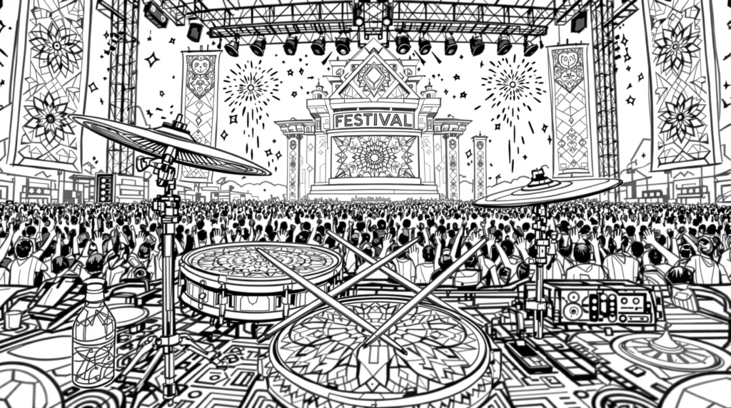 精巧なドラムセットと曼荼羅模様が描かれたフェスティバルステージの大人の塗り絵